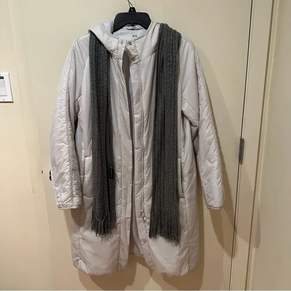 UNIQLO Light Puffer Long Hooded Coat Puffer Parka Womens XS Light grey
